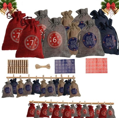 Hengda 24 Adventskalender zum Befüllen Stoffbeutel Weihnachten Geschenksäckchen mit Aufkleber Mini-Holzklammern von HENGDA
