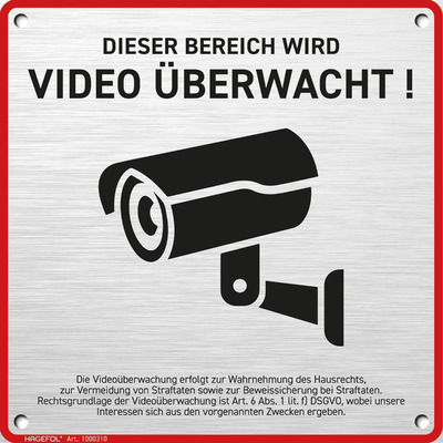 Schild Videoüberwachung (15x15 cm - klein) mit DSGVO Hinweis, inkl. 4 Bohrlöcher, Kamera Warnhinweis für Überwachungskamera oder Kamera Attrappe (Aluminium gebürstet) von HAGEFOL