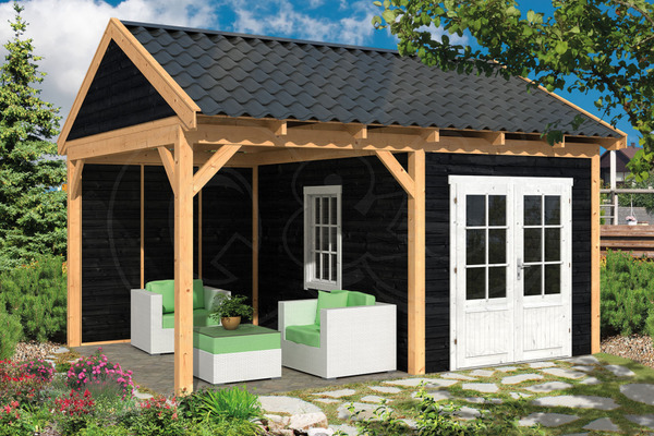 Gartenhaus Hamar Typ 3 mit Überdachung 478x395cm Holz Schwarz Tuindeco von QS-Gartendeco