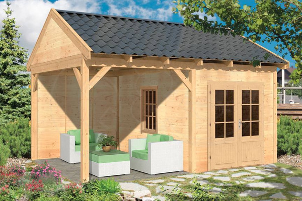 Gartenhaus Hamar Typ 3 mit Überdachung 478x395cm Holz Natur Tuindeco von QS-Gartendeco