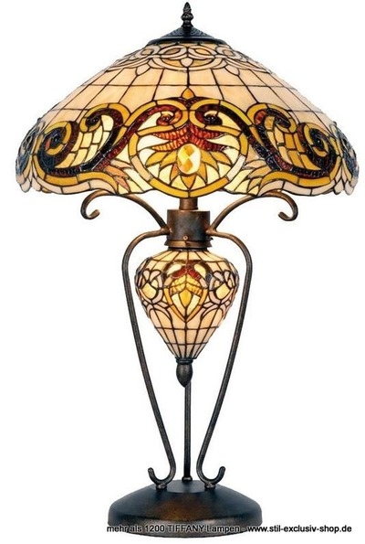 klassische TIFFANY-Tischlampe SORBONNE-mit dem grossen eingefassten "Jewel" als aufgehende Sonne. mit beleuchtetem Fuss-Mittelteil. von STIL-EXCLUSIV