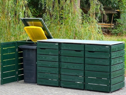 4er Mülltonnenbox / Mülltonnenverkleidung, Holz / Edelstahl - Deckel 240 Liter, Tannengrün von www.binnen-markt.de