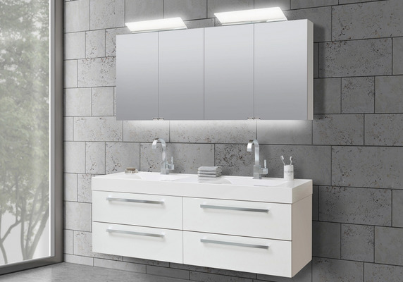 Badmöbel Set Doppelwaschbecken 160 cm mit LED Spiegelschrank, Unterschrank mit 4 Auszügen von MADELIVING.de