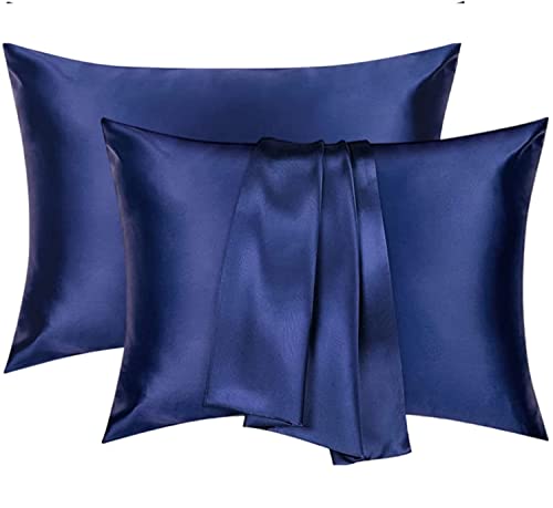 Satin-Kissenbezug für Haar und Haut, 2 Stück, weicher als Seide, Marineblau, seidig, atmungsaktiv, knitterfrei, glatter Kissenbezug mit Umschlagverschluss, Queen-Size-Größe (50 x 75 cm) von Juliyeh