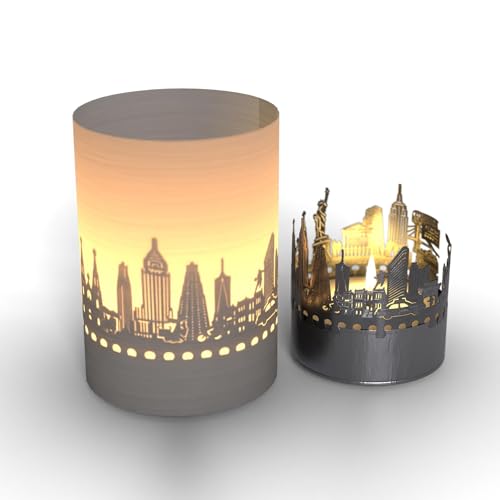 New York Skyline Tube T-Light Schattenspiel: Bezaubernde Motivkerze projiziert faszinierendes Lichtspiel der berühmten NYC Silhouette - Tolles Souvenir für jeden New York Fan! von 13gramm