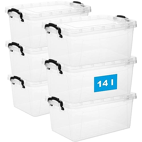 Aufbewahrungsbox mit Deckel und Griff, 14 Liter, 6 Stück - Stapelbare Plastikbox aus lebensmittelechtem Kunststoff, Made in EU, transparent – Ideal für Küche & Haushalt, Platzsparend & BPA-frei von 2friends