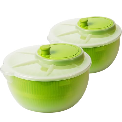 Salatschleuder mit Deckel Salat Trockner 2er Set Ø25 cm, Höhe 13 cm, 4 Liter Fassungsvermögen, mit Ausguss, Spülmaschinengeeignet Robustes PP Material, Grün/Transparent, Premium EU-Qualität von 2friends