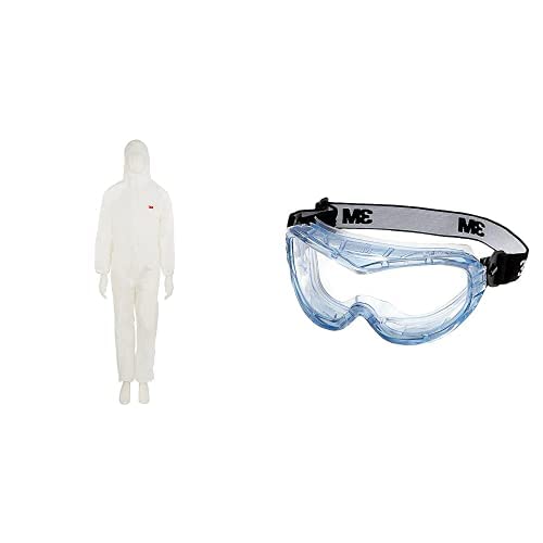 3M 45104XL Schutzanzug, Typ 5/6, Größe 4XL, Weiss & 3M Vollsichtschutzbrille Fahrenheit FheitAF – Schutzbrille mit AS, AF & UV Beschichtung – Ideal für das Tragen mit Atemschutzmasken oder Brillen von 3M