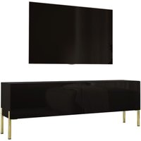 TV-Schrank in Schwarz matt / Schwarz glänzend mit Beinen in Gold, A: B: 140 cm cm, H: 52 cm, T: 32 cm. TV-Möbel, TV-Tisch, TV-Bank - Schwarz matt / von 3XE LIVING