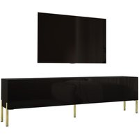 TV-Schrank in Schwarz matt mit Beinen in Gold, a: b: 170 cm cm, h: 52 cm, t: 32 cm. TV-Möbel, TV-Tisch, TV-Bank - Schwarz matt von 3XE LIVING