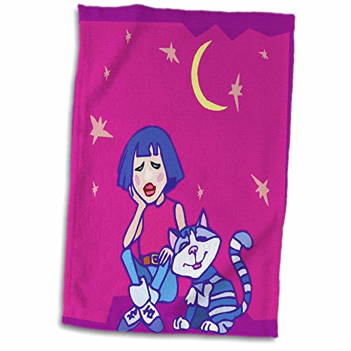 3dRose Mädchen mit PET sitzend Katze unter Mond und Sterne Handtuch, weiß, 15 x 22 von 3dRose