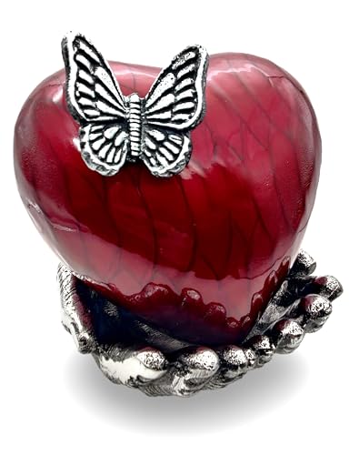 Schmetterlings-Herz-Urne für Asche – handbemalt mit roter Farbe – einzigartiges Andenken für geliebte Menschen – dekorative Urne für Zuhause oder Büro mit einzigartigem Ständer in Handform. von 5MOONSUN5