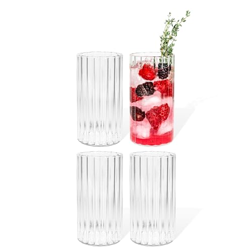 7 O'CLOCK Gläser 4er Set | Design Vintage Stripe Long Glass Norway | Trinkgläser Eiskaffeegläser Cocktailgläser Longdrinkgläser Wasser Tee Kaffee Saft | Spülmaschinenfest langlebig | 400ml von 7 O'CLOCK