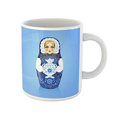 759 Kaffeetassen Gzhel Malt Blaue Russische Babuschka-Matroschka-Puppe Samowar Becher Beidseitig Bedruckt Teetasse Lustig Keramik Tasse Für Geschenk Tee Kaffee 330Ml von 759