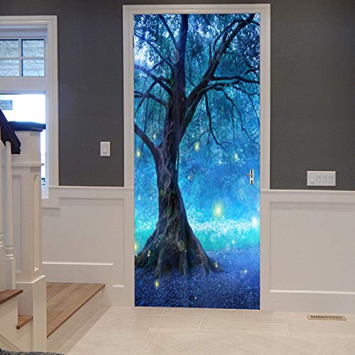 A.Monamour Türtapete Selbstklebend Türfolie Türposter 3D Fantasie Fee Baum Mystiker Verzaubert Blauen Wald Psychedelisch Vinyl Folie Türdeko Tapete Wandbild Türaufkleber Türtattoo 90 x 200 cm von A.Monamour