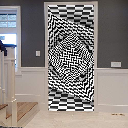 A.Monamour Türtapete Selbstklebend Türfolie Türposter 3D Geometrischen Optischen Täuschung Des Karierten Tunnels Des Schwarzen Schwarzweiss-Tunnels Vinyl Folie Wandbild Türaufkleber Türtattoo 90x200cm von A.Monamour