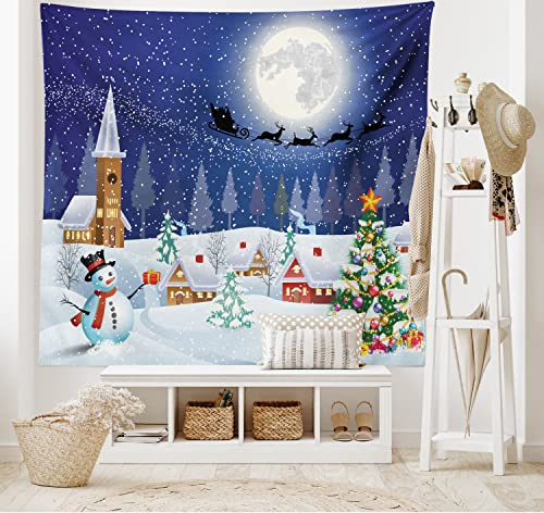 ABAKUHAUS Weihnachten Wandteppich, Winterlandschaft aus Weiches Mikrofaser Stoff Waschbar ohne Verblassen Digitaldruck, 150 x 110 cm, Weiß Blau von ABAKUHAUS