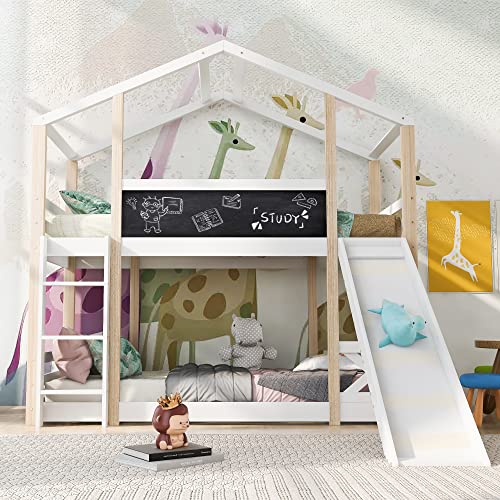 ABERE Kinderbett Baumhaus mit Rutsche & Leiter 90 x 200 cm, Hochbett für Kinder– 2X Lattenrost- Natur & Weiß von ABERE