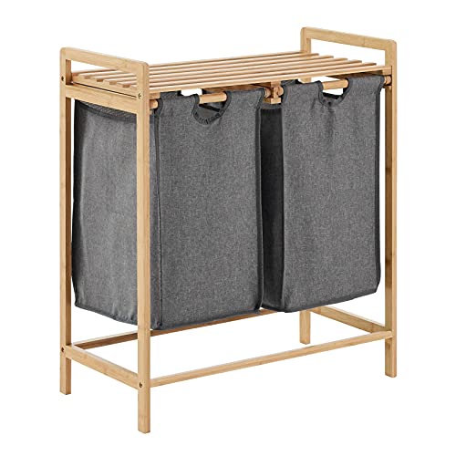 ACAZA Wäschekorb mit 2 Taschen, Wäschesortierer mit herausnehmbaren Wäschesäcken - Stoff/Bambus - Grau von ACAZA