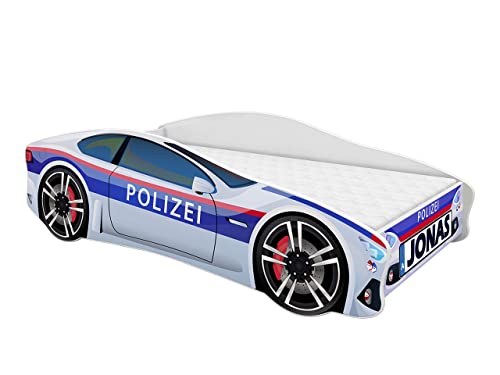 ACMA Kinderbett Auto-Bett Polizei mit Rausfallschutz, Lattenrost und Matratze (Polizei 3, 140x70 cm + Name) von ACMA