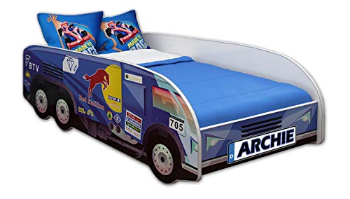 ACMA Kinderbett Autobett Lattenrost LKW Truck Schlafzimmer Kindermöbel Spielbett 140 x 70 cm 160 x 80 cm (140x70 cm mit Matratze, 08 + Name) von ACMA