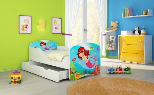 ACMA Kinderbett Jugendbett Komplett mit Einer Schublade und Matratze Lattenrost Weiß I (180x80 cm + Bettkasten, 09 Meerjungfrau) von ACMA