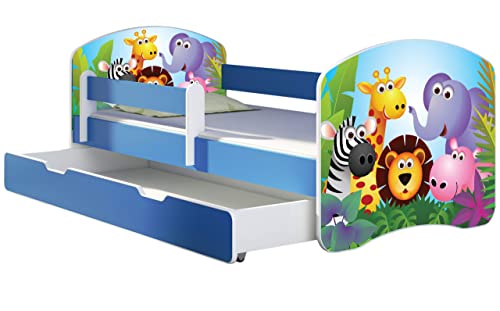 ACMA Kinderbett Jugendbett mit Einer Schublade und Matratze Blau mit Rausfallschutz Lattenrost II 140x70 160x80 180x80 (01 Zoo, 140x70 + Bettkasten) von ACMA