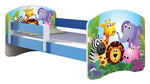 ACMA Kinderbett Jugendbett mit Einer Schublade und Matratze Blau mit Rausfallschutz Lattenrost II 140x70 160x80 180x80 (01 Zoo, 160x80) von ACMA