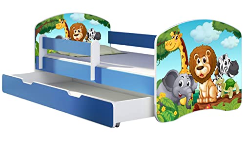 ACMA Kinderbett Jugendbett mit Einer Schublade und Matratze Blau mit Rausfallschutz Lattenrost II 140x70 160x80 180x80 (02 Animals, 160x80 + Bettkasten) von ACMA