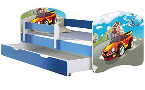 ACMA Kinderbett Jugendbett mit Einer Schublade und Matratze Blau mit Rausfallschutz Lattenrost II 140x70 160x80 180x80 (03 Racing Car, 180x80 + Bettkasten) von ACMA