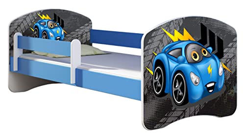 ACMA Kinderbett Jugendbett mit Einer Schublade und Matratze Blau mit Rausfallschutz Lattenrost II 140x70 160x80 180x80 (04 Blaue Auto, 140x70) von ACMA