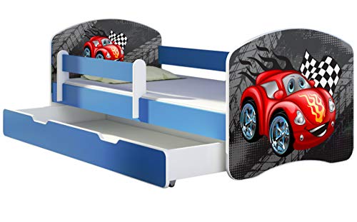 ACMA Kinderbett Jugendbett mit Einer Schublade und Matratze Blau mit Rausfallschutz Lattenrost II 140x70 160x80 180x80 (05 Rote Auto, 160x80 + Bettkasten) von ACMA