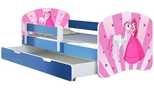 ACMA Kinderbett Jugendbett mit Einer Schublade und Matratze Blau mit Rausfallschutz Lattenrost II 140x70 160x80 180x80 (08 Princess, 180x80 + Bettkasten) von ACMA