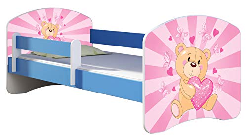 ACMA Kinderbett Jugendbett mit Einer Schublade und Matratze Blau mit Rausfallschutz Lattenrost II 140x70 160x80 180x80 (10 Teddybär, 160x80) von ACMA