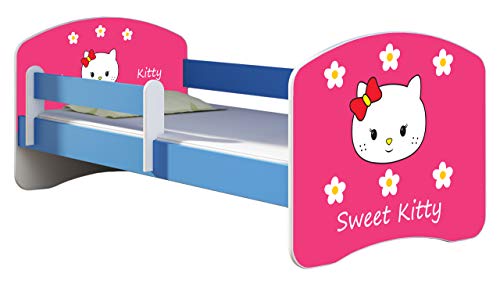 ACMA Kinderbett Jugendbett mit Einer Schublade und Matratze Blau mit Rausfallschutz Lattenrost II 140x70 160x80 180x80 (16 Sweet Kitty 2, 160x80) von ACMA