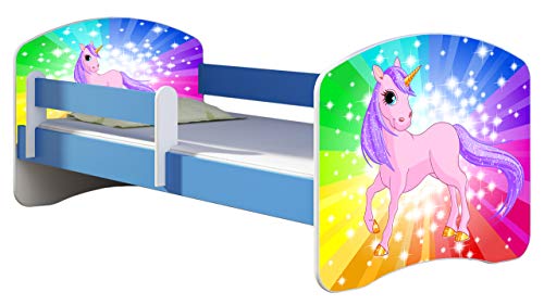 ACMA Kinderbett Jugendbett mit Einer Schublade und Matratze Blau mit Rausfallschutz Lattenrost II 140x70 160x80 180x80 (18 Pony Regenbogen, 160x80) von ACMA