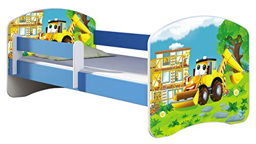 ACMA Kinderbett Jugendbett mit Einer Schublade und Matratze Blau mit Rausfallschutz Lattenrost II 140x70 160x80 180x80 (20 Bagger, 140x70) von ACMA