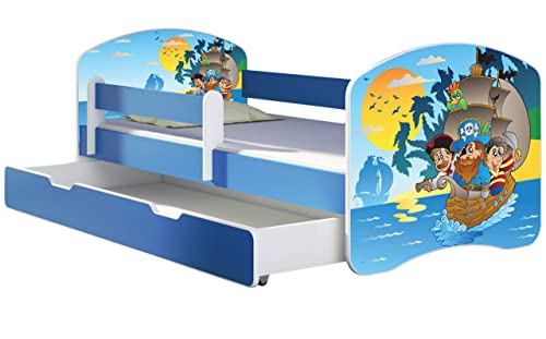 ACMA Kinderbett Jugendbett mit Einer Schublade und Matratze Blau mit Rausfallschutz Lattenrost II 140x70 160x80 180x80 (21 Piraten, 180x80 + Bettkasten) von ACMA