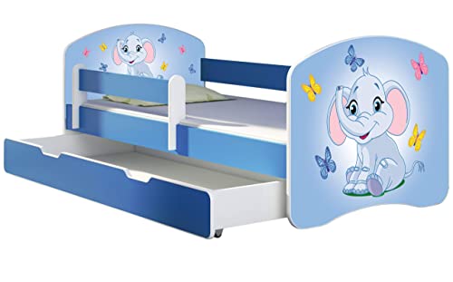 ACMA Kinderbett Jugendbett mit Einer Schublade und Matratze Blau mit Rausfallschutz Lattenrost II 140x70 160x80 180x80 (26 Elefant, 160x80 + Bettkasten) von ACMA