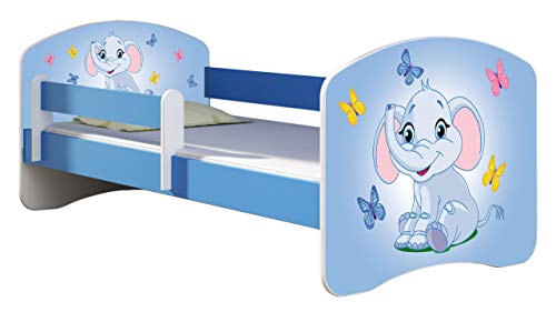 ACMA Kinderbett Jugendbett mit Einer Schublade und Matratze Blau mit Rausfallschutz Lattenrost II 140x70 160x80 180x80 (26 Elefant, 180x80) von ACMA