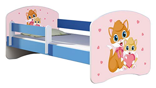 ACMA Kinderbett Jugendbett mit Einer Schublade und Matratze Blau mit Rausfallschutz Lattenrost II 140x70 160x80 180x80 (33 Miezekatzen, 160x80) von ACMA