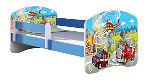ACMA Kinderbett Jugendbett mit Einer Schublade und Matratze Blau mit Rausfallschutz Lattenrost II 140x70 160x80 180x80 (36 Feuerwehr, 140x70) von ACMA