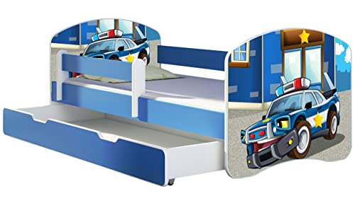 ACMA Kinderbett Jugendbett mit Einer Schublade und Matratze Blau mit Rausfallschutz Lattenrost II 140x70 160x80 180x80 (38 Polizei, 160x80 + Bettkasten) von ACMA