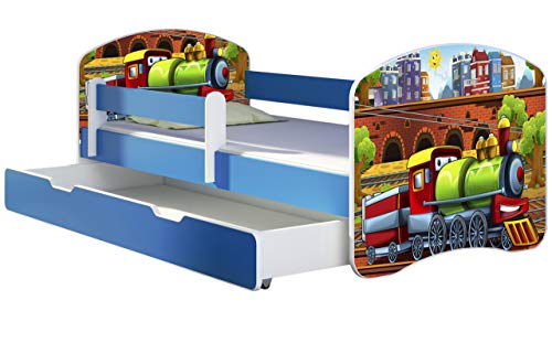 ACMA Kinderbett Jugendbett mit Einer Schublade und Matratze Blau mit Rausfallschutz Lattenrost II 140x70 160x80 180x80 (44 Lokomotive, 140x70 + Bettkasten) von ACMA