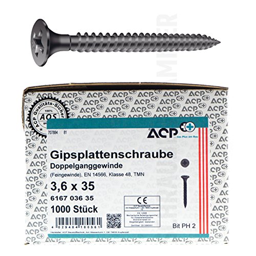 ACP Schnellbauschrauben Feingewinde 3,6 x 35 mm - 250 Stück, PH 2, Gipsplattenschrauben mit Doppelganggewinde, phosphatiert von ACP