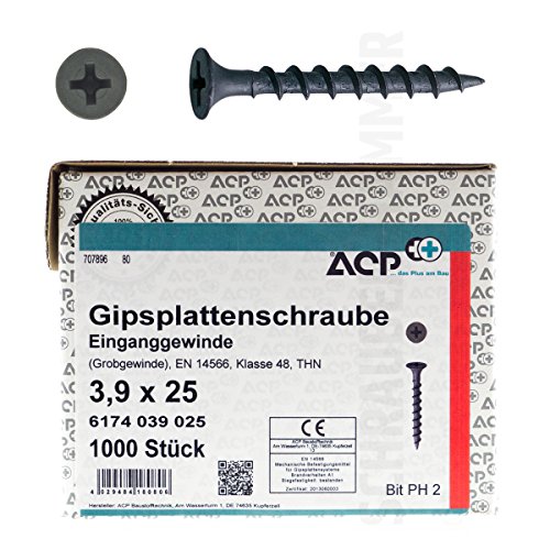 ACP Schnellbauschrauben Grobgewinde 3,9 x 25 mm - 12000 Stück, PH 2, Gipsplattenschraube Einganggewinde, phosphatiert von ACP