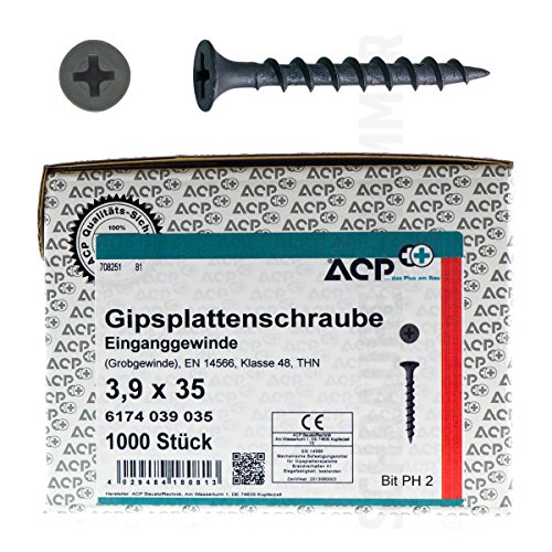 ACP Schnellbauschrauben Grobgewinde 3,9 x 35 mm - 1000 Stück, PH 2, Gipsplattenschraube Einganggewinde, phosphatiert von ACP