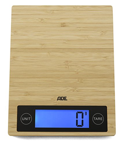 ADE Digitale Küchenwaage KE 1128 Ramona (Elektrische Waage mit Wiegefläche aus echtem Bambus, präzise bis 5 kg, LCD-Display, Sensor-Touch) braun von ADE