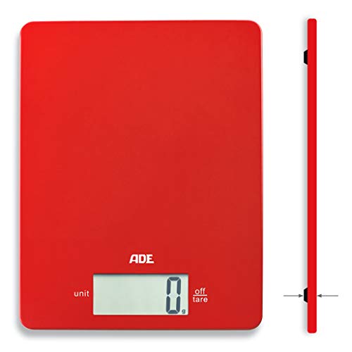ADE Digitale Küchenwaage KE 1800-1 Leonie (Elektronische Waage für Küche und Haushalt, extrem flach, präzises Wiegen bis 5 kg, Zuwiegefunktion) rot von ADE