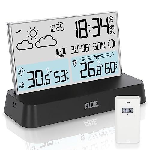ADE Digitale Wetterstation Funk mit Außensensor | Innen- und Außentemperatur | Thermometer, Hygrometer, Barometer, Wettervorhersage | Lüftungsempfehlung | Funkwecker | Beleuchtung | schwarz von ADE
